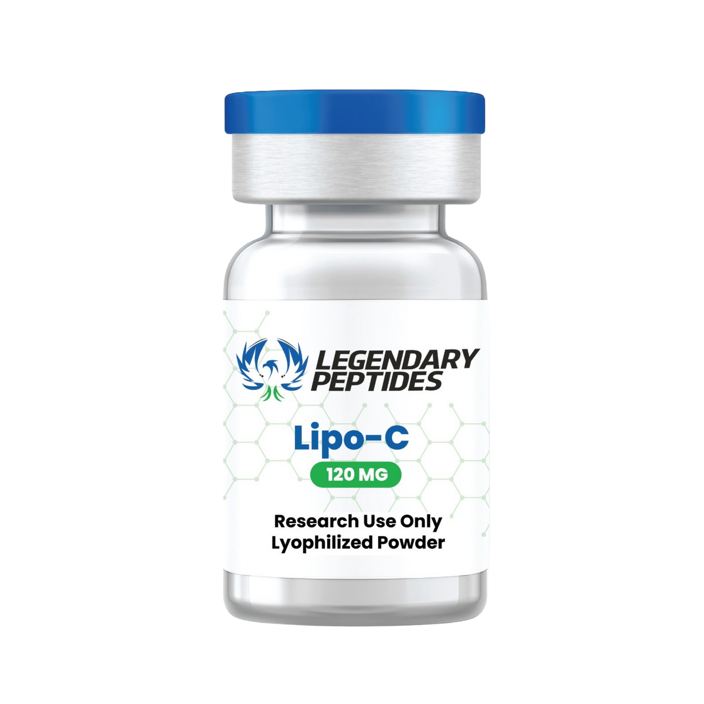 Vial labeled 'Legendary Peptides Lipo-C 120 MG' on a white background