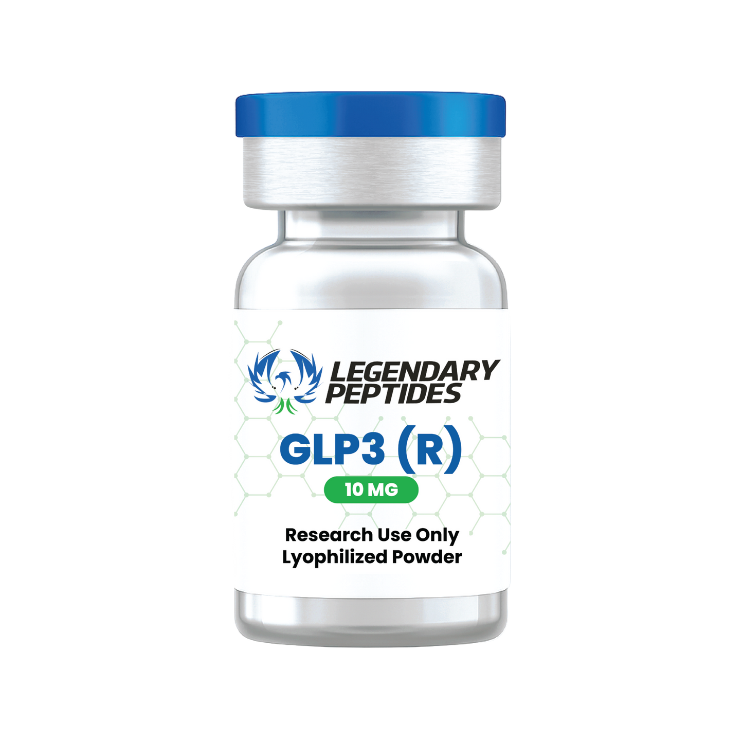 Vial labeled 'Legendary Peptides GLP3 (R) 10 MG' on a white background