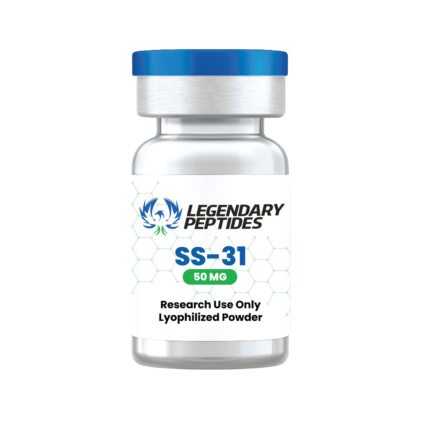 Bottle of Legendary Peptides SS-31 50mg lyophilized powder on a white background