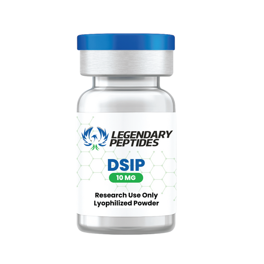 Vial labeled 'Legendary Peptides DSIP 10mg' on a white background