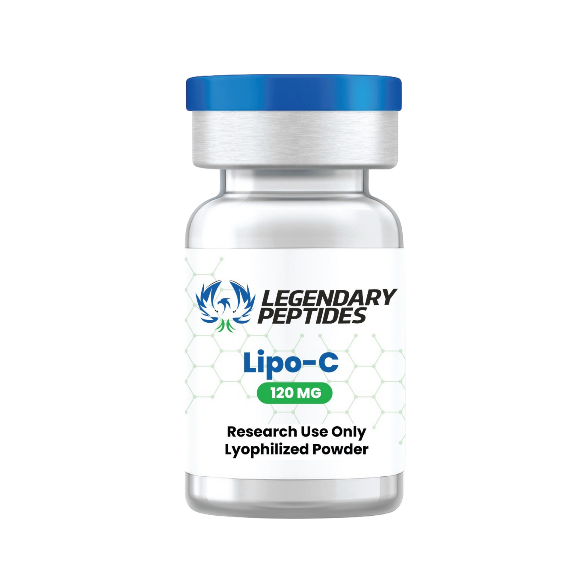 Vial labeled 'Legendary Peptides Lipo-C 120 MG' on a white background