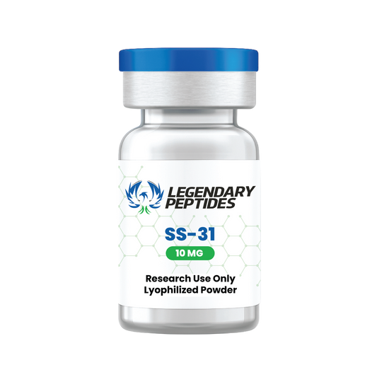 Bottle of Legendary Peptides SS-31 10mg lyophilized powder on a white background