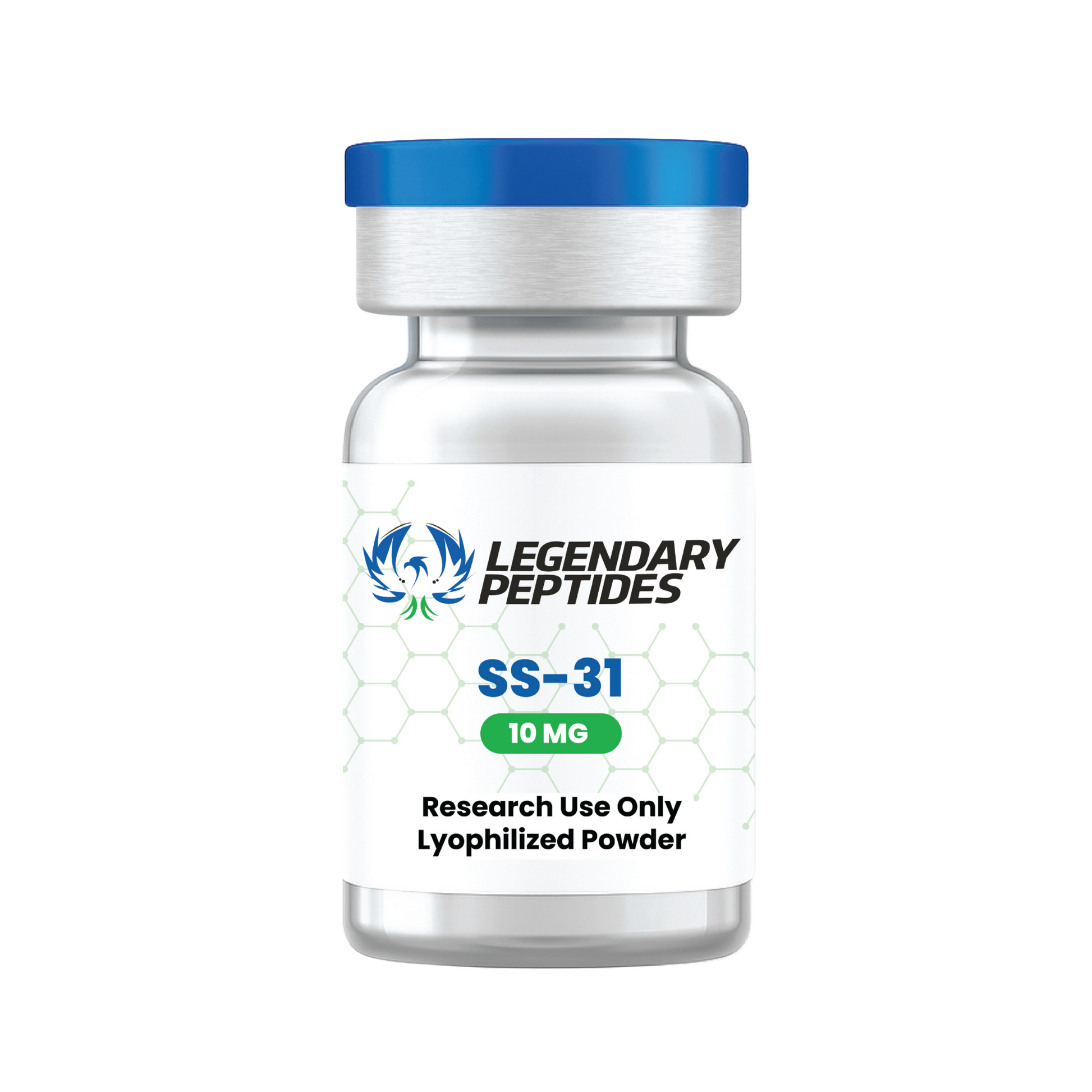 Bottle of Legendary Peptides SS-31 10mg lyophilized powder on a white background