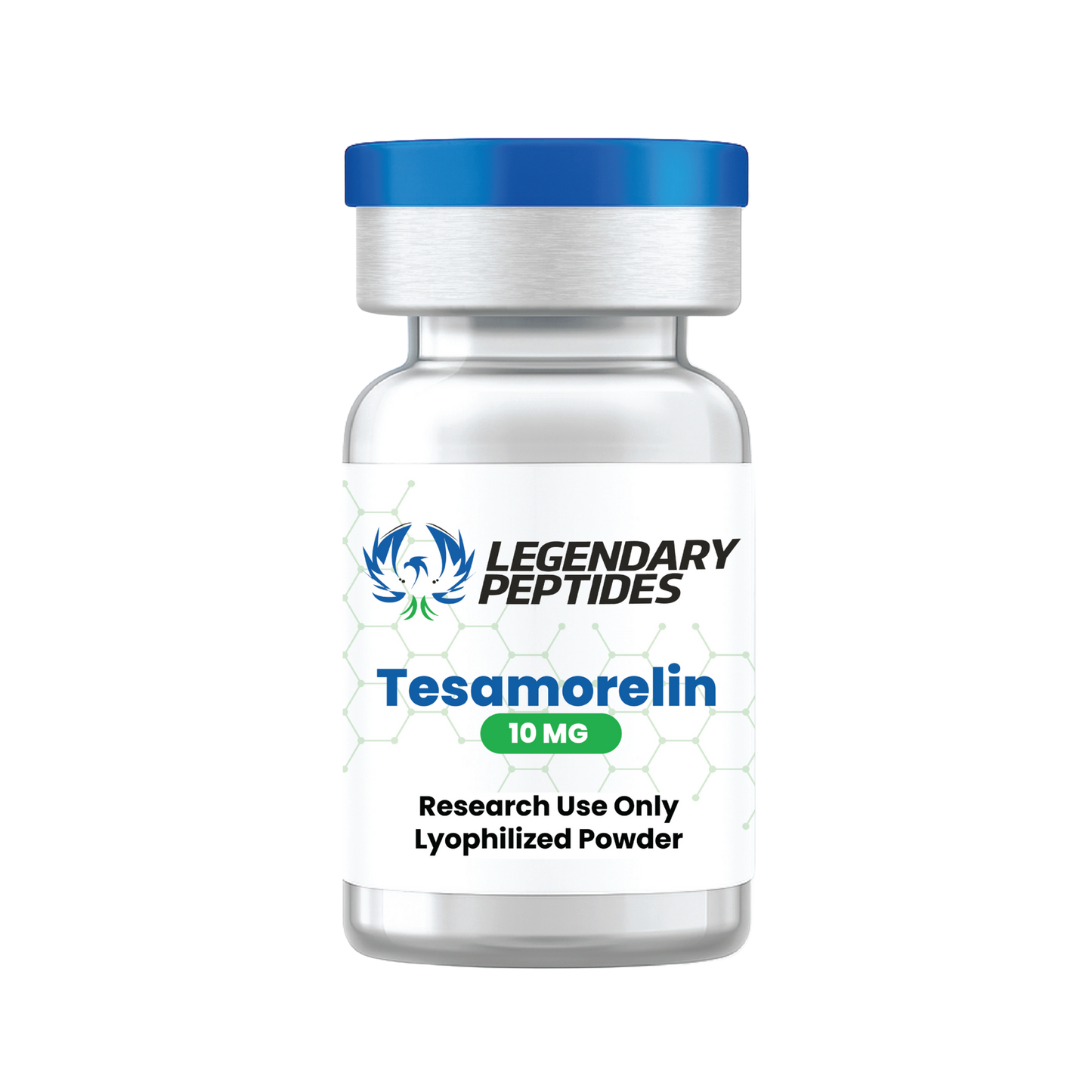 Bottle of Legendary Peptides Tesamorelin 10 MG on a white background