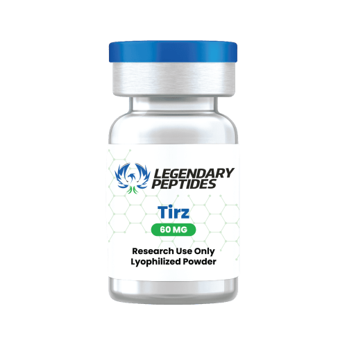 Legendary Peptides Tirz 60mg research-use-only vial with branded product label.