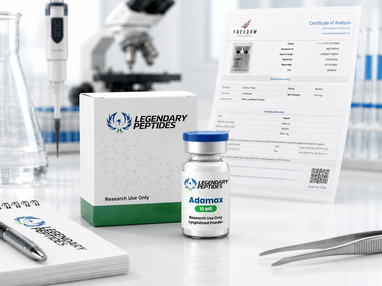 Legendary Peptides Adamax 10mg research compound displayed with premium branded packaging and a visible third-party Certificate of Analysis in a clean laboratory setting.